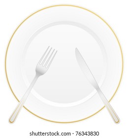 Empty white plate with knife and fork. Vector illustration.