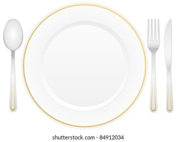 Empty white plate with knife, fork and spoon. Vector illustration.