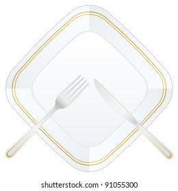 Empty white plate with knife and fork. Vector illustration.