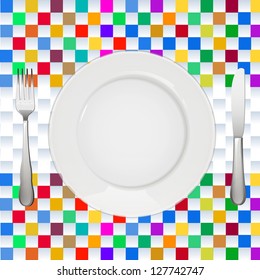 empty white plate over square tablecloth background. vector design