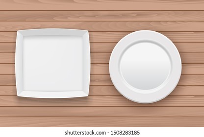 empty white plate and white paper box on the wooden table