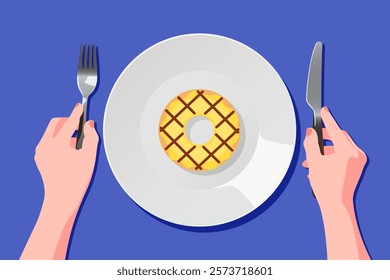 Empty white plate with pineapple donut with chocolate. Fork and knife in hand. Sample. Vector illustration in a flat style. The concept of food intake, junk food, fast food, sweet, breakfast.