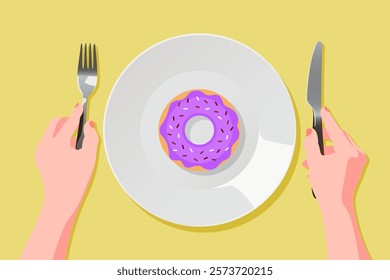 Empty white plate with purple donut. Fork and knife in hand. Sample. Vector illustration in a flat style. The concept of food intake, junk food, fast food, sweet, breakfast.