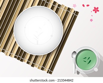 Empty white plate set with chopsticks on a bamboo cover. Vector 