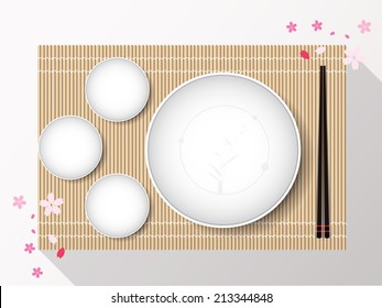 Empty white plate set with chopsticks on a bamboo cover. Vector 