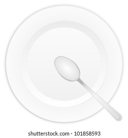Empty white plate with spoon. Vector illustration.