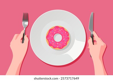 Empty white plate with sweet pink donut. Fork and knife in hand. Sample. Vector illustration in a flat style. The concept of food intake, junk food, fast food, sugar, breakfast.