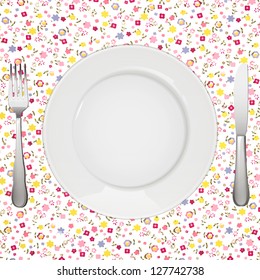 Empty white plate with tablecloth to place your concept. vector design