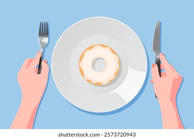 Empty white plate with vanilla donut. Fork and knife in hand. Sample. Vector illustration in a flat style. The concept of food intake, junk food, fast food, sweet, breakfast.