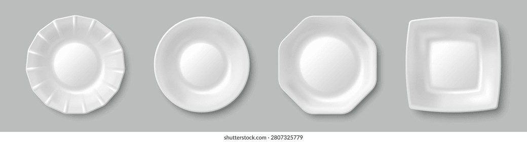 Empty white plates of different shape isolated on background. Vector realistic illustration of round, square, hexagon clean dish top view, food presentation mockup, restaurant menu or kitchen design