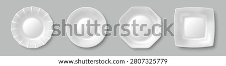Empty white plates of different shape isolated on background. Vector realistic illustration of round, square, hexagon clean dish top view, food presentation mockup, restaurant menu or kitchen design