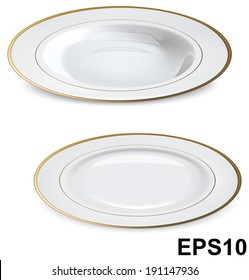 Empty white plates with gold rims isolated on white. Vector illustration