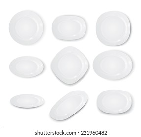 Empty white plates set isolated on the white background, vector illustration