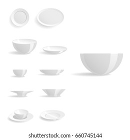 Empty white plates set isolated vector illustration templates dinner design blank clean tableware