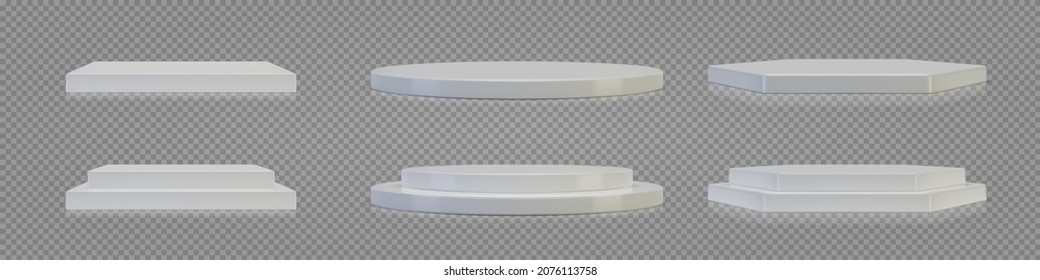 Empty White Plinth For Product Presentation. Podiums Set On Transparent Background. Realistic 3D Vector Platforms With Free Space. Minimalistic Mockup Design. Template Of Pedestal