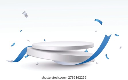 Empty white podium with blue and silver ribbons and confetti