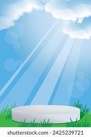 Podio blanco vacío con cielo azul y hierba verde. Ilustración vectorial.