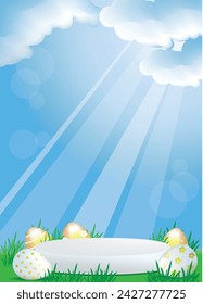 Empty white podium with blue sky, green grass and gold Happy easter eggs. Vector illustration.