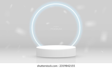 Ein leeres weißes Podium auf grauem Hintergrund mit einem hellglänzenden Neonrahmen. Eine Plattform mit Schatten im Raum.