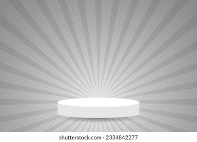 Escenario De Podio Blanco Vacío En Fondo De Patrón De Sunburst Gris Con Medio Tono. Rayos. Radial. Cartel de verano. Ilustración vectorial