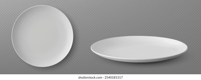 Empty white porcelain dinner plates top and side angles of view on transparent background. Realistic 3d vector ceramic dishware with smooth surface. Clean tableware mockup for menu presentation.