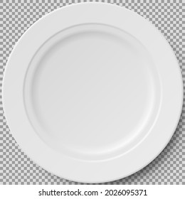Leere weiße Porzellanplatte. Rund weißer Teller einzeln auf transparentem Hintergrund. Kochgeschirr, Porzellan, Geschirr zum Servieren von Speisen. Speisegericht für Restaurant, leeres Utensilien und Geschirr, 3D-Vektorgrafik