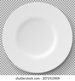 Empty white porcelain plate. Round white plate isolated on transparent background. Cookware, china, crockery element for serving dishes. Dish for restaurant, empty utensil and dishware 3d vector