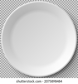 Empty white porcelain plate. Round white plate isolated on transparent background. Cookware, china, crockery element for serving dishes. Dish for restaurant, empty utensil and dishware 3d vector