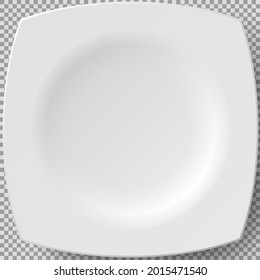 Empty white porcelain plate. Square plate for serving dishes. Cookware, china, crockery element isolated on transparent background. Dish for restaurant, empty utensil 3d dishware vector illustration