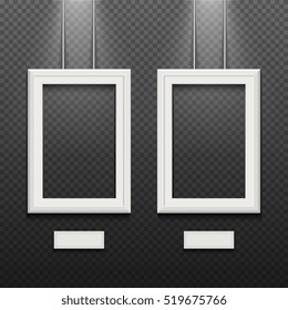 Empty white poster frames isolated on transparent checkered wall vector illustration