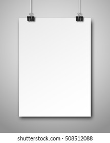 Empty White Poster Hanging on Paper Clips on Grey Background. Placard Mock Up for Your design. Vector Illustration.