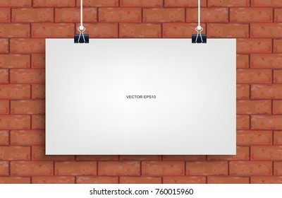 Empty white poster hanging on red brick wall texture background. Vector illustration.