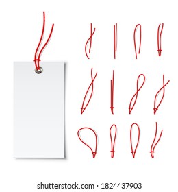 Empty white price tag with different red ropes tied set. Collection with various linen string tying for paper labels. Vector illustration of realistic mockup, design template discount offer badge