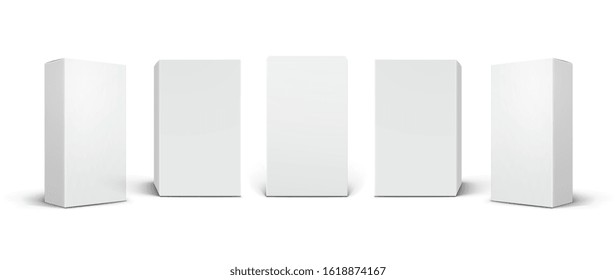 Empty white product mockups, cosmetic or medical packaging boxes at different angles.