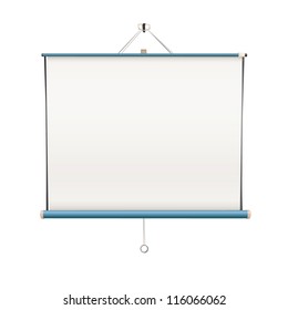 Empty White Projector Screen Hanging From Wall. Isolated Vector Design.