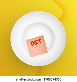 empty white realistic plate with sticker. Inscription DIET. Healthy lifestyle and restriction of food. Conceptual yellow banner. Vector