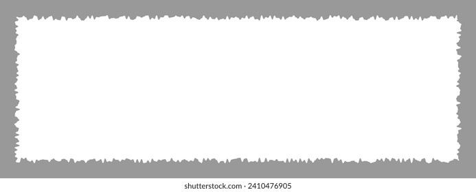 Empty white rectangle shape with torn edges isolated on gray background. Torn paper texture. Blank ripped text box, label, tag, patch, banner template. Collage design element. Vector flat illustration