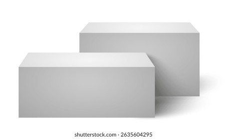 Empty white rectangular podium, top mockup pedestal and platform ascending staircase, concrete flooring stand stage, empty stages and podium stair 3d template for product presentation