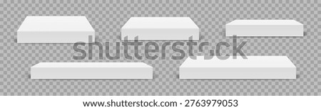 Empty white rectangular podium, top table mockup, modern pedestal and platform, concrete flooring stand stage stand, empty stages and podium stair 3d template for product presentation