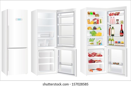 The empty white refrigerator and full with some kinds of food - vegetables, meat, fish