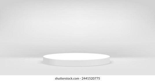 Empty white room with circle podium. 3d vector product mockup