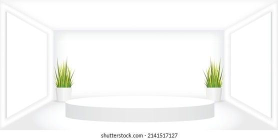 Empty white room with white circle stage, empty frame picture and grass pots vector illustration. Abstract 3d interior template design for background. Podium for product display.