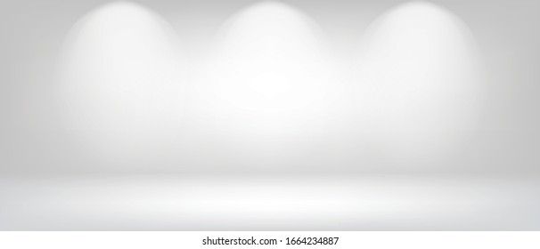 The empty white room has three wall lighting positions. Background for banner, poster and advertising.