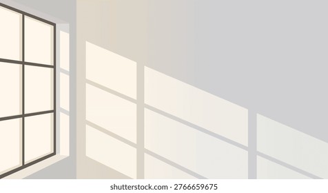 Empty White Room Interior with Minimalist Window Sunlight Shadow Overlay. Soft Morning Sunlight Streaming through Window Frame onto Studio Wall Vector. Realistic Window Pane Shadow and Light Effect on Neutral Interior Background.