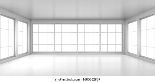 Empty white room with large windows. Vector realistic 3d interior of office, studio, modern living room in house or apartment. Minimal style of room design interior