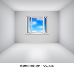 Empty white room with open window and blue sky