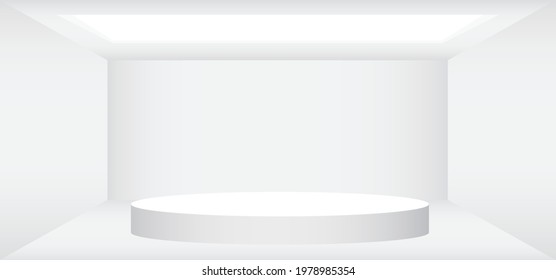 Empty white room with white round stage vector illustration. Abstract 3d interior template for background.