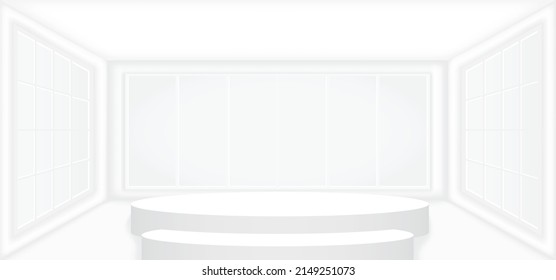 Empty white room with white round stage or podium for display, presentation, mockup, stage pedestal or montage product. Abstract interior template vector illustration for background. 3D showroom.