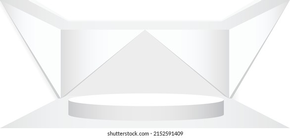 Habitación blanca vacía con escenario o podio redondo blanco para exhibición, presentación, maquillaje, peatón escénico o producto de montaje. Resumen 3d ilustración vectorial de plantilla interior para fondo.