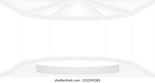 Leerer weißer Raum mit weißer Rundbühne oder Podium für die Anzeige, Präsentation, Aufführung, Bühnenschott oder Montage. Abstrakte 3D-Inneneinrichtung, Vektorgrafik für Hintergrund.